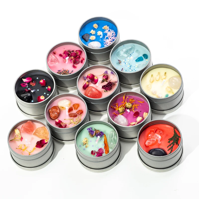 Custom Luxury Dry Flower Crystal Aroma Candle Private Label Tin Cans Scented Soy Wax Candles/Candels