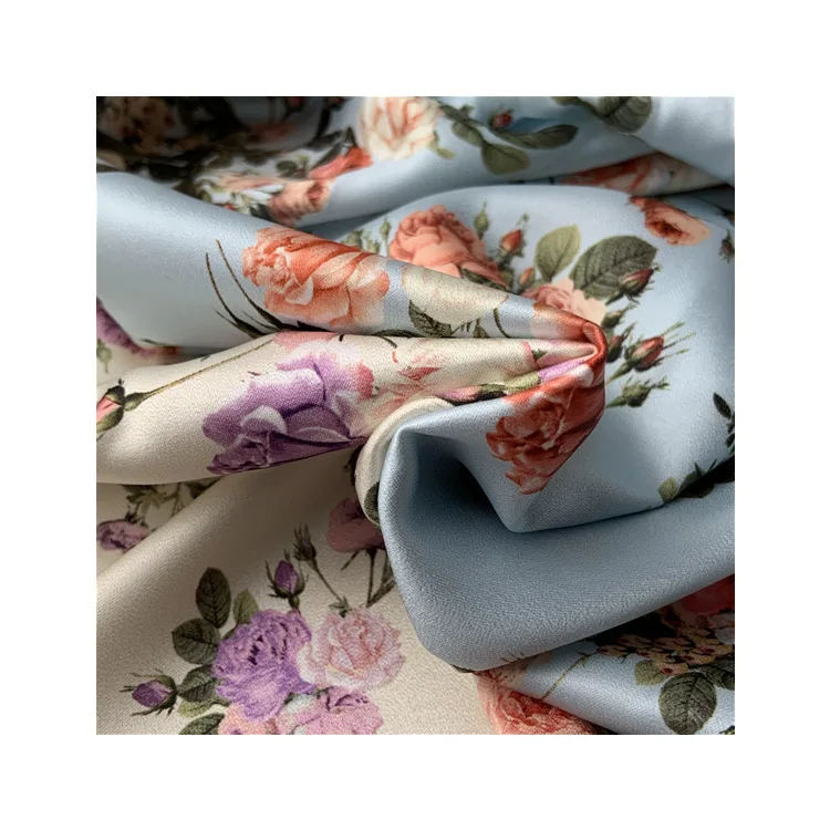 Custom matte floral print polyester spandex imitated silk satin stretch fabric for dresses