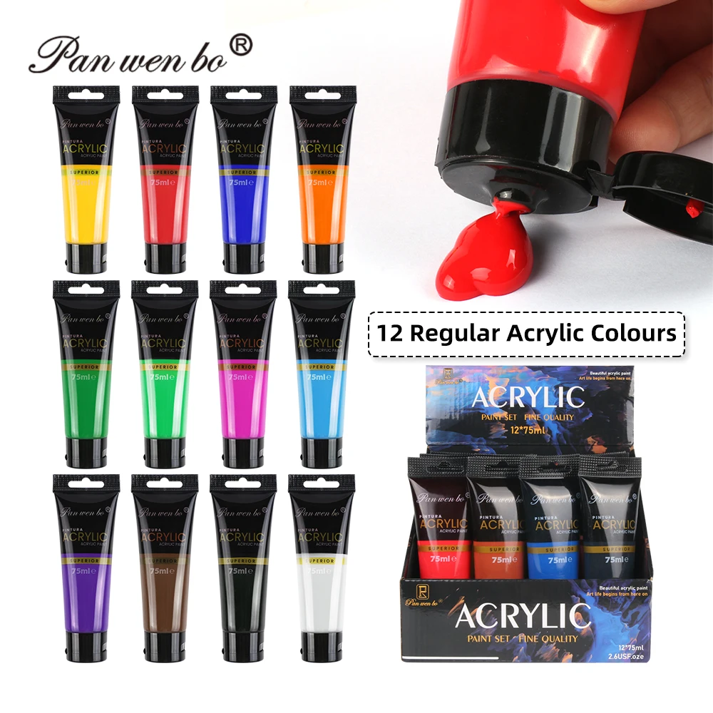 Panwenbo Professional 75ml 12 Colors Paint Set Fluid Painting Acrylic Kit Colorful Tube Acrylic Paint For Acrylic Painting