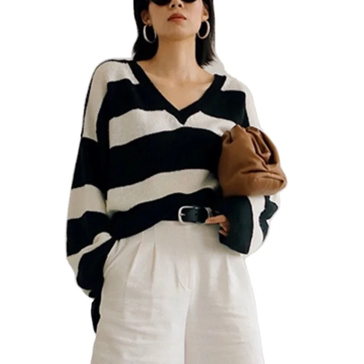 
OEM Factories New design Women sweaters V-neck relaxed Zebra Stripe comfortable long plus size Full Sleeve pullovers 