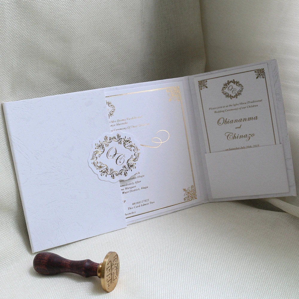 White Color Tag Decoration Gatefold Hardcover Invitations Wedding Invite with Pocket