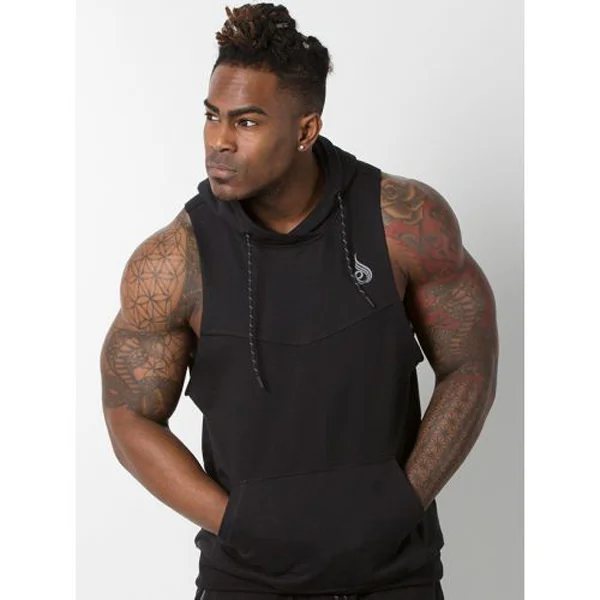 2019 Fjun Custom high quality Mens gym wear pocket tank top with hoody tank top gym hoodies