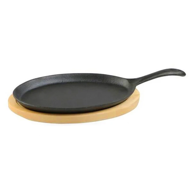 korean barbecue sizzling hot plate cast iron Non-stick Sizzling Steak Plates oval with wooden tray base 14.5x28cm