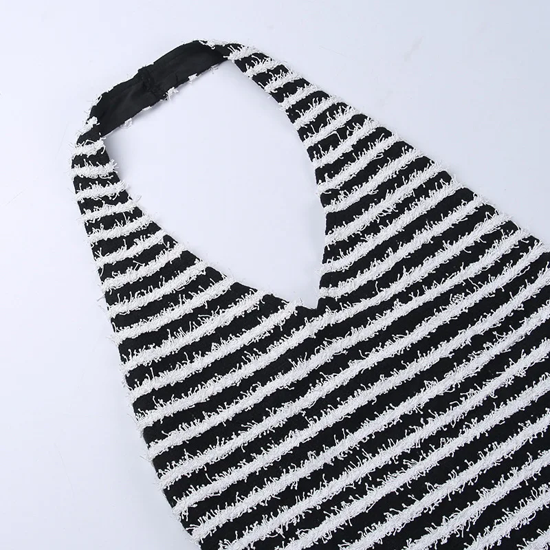 Black White Striped Dress Halter Sleeveless Mini Tight Dress Sexy Open Back Dresses