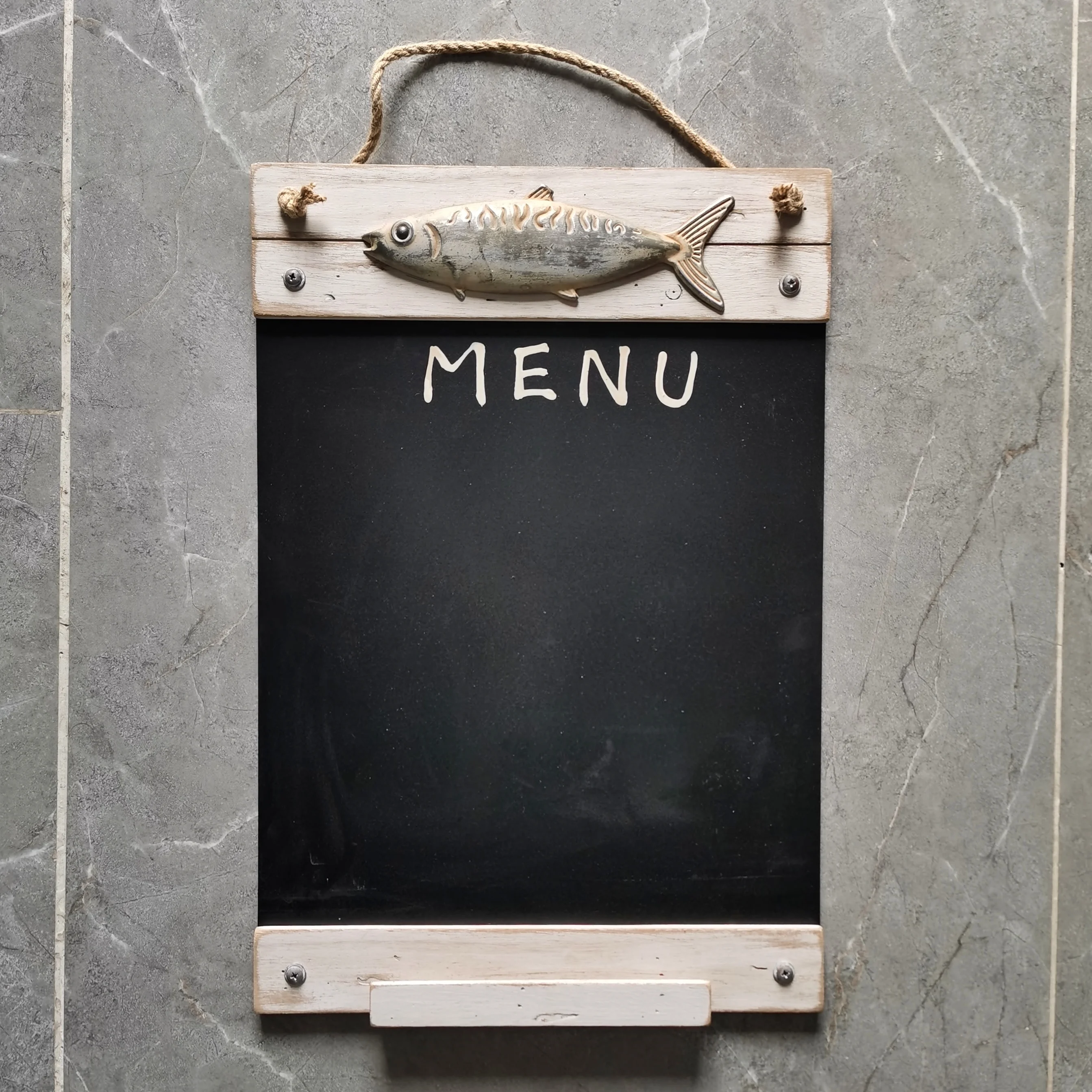 Wood Framed Chalkboard Rustic blackboard small Chalk Board wall hanging white fish with rope