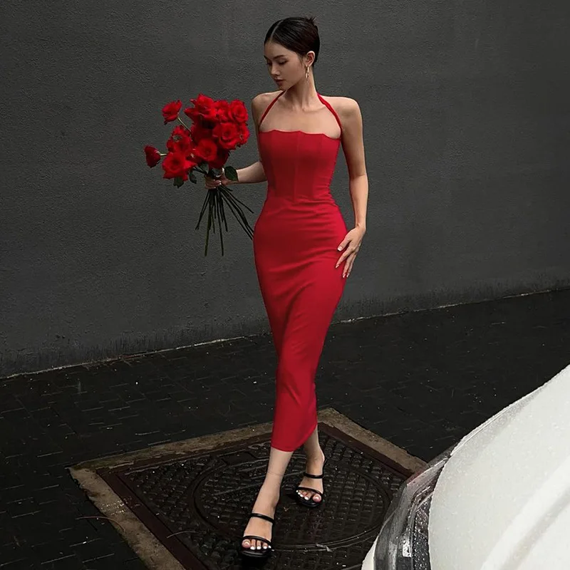 Elegant Chic Red Evening Party Wedding Long Dress Sexy Slim Waist-tied Half Open Collar Wrapped Hip Black Backless Strap Dress