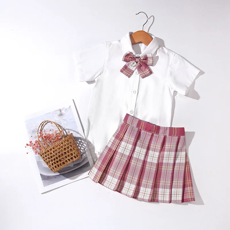 Korean New Style Uniform Short Sleeve Blouses Pleated Skirt Baby Girl Student Plaid Skirt Outfits With Bow Tie