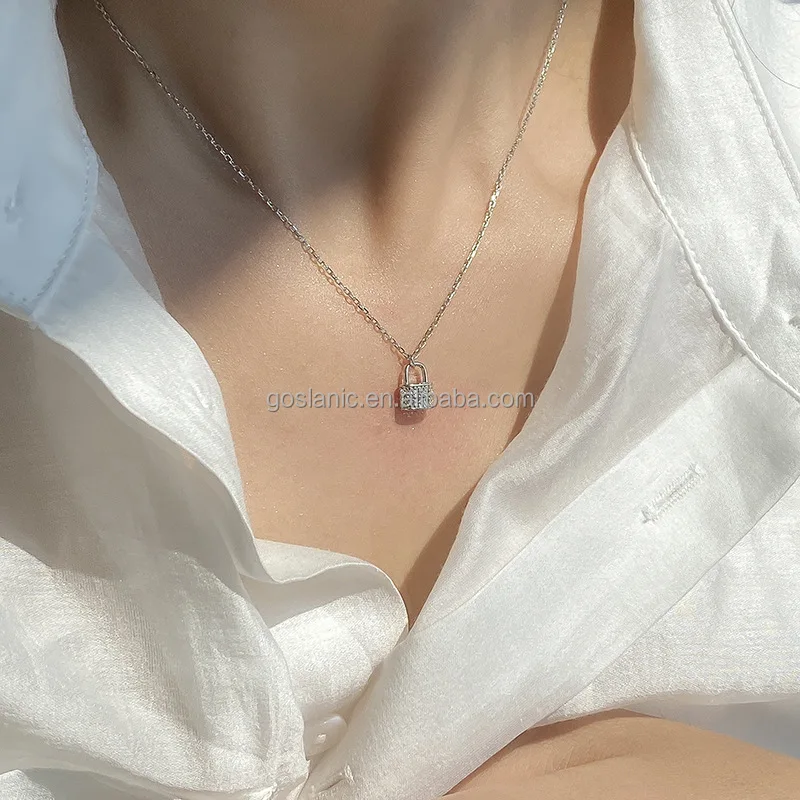 Trendy 925 Silver Diamond Minimalist Cz Designer Lock Charm Pendant Gold Filed Necklace Chain