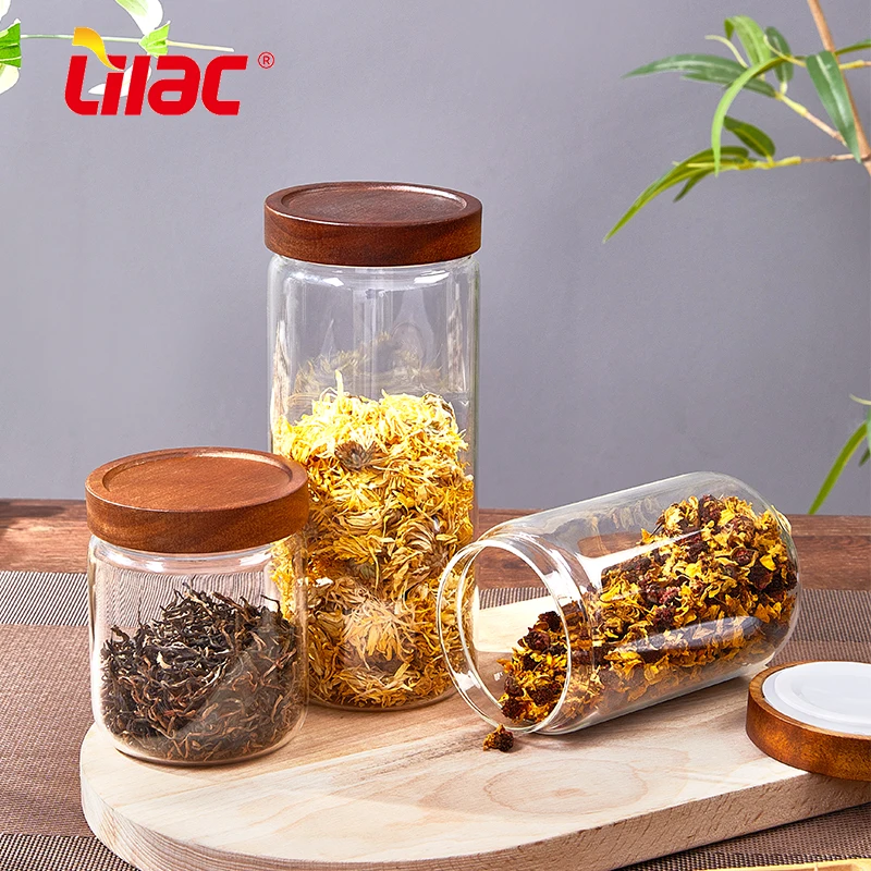 Lilac BSCI SGS LFGB 550ml 750ml 1100ml 1500ml 2000ml glass container christmas wooden head premium tiny glass jar with lids