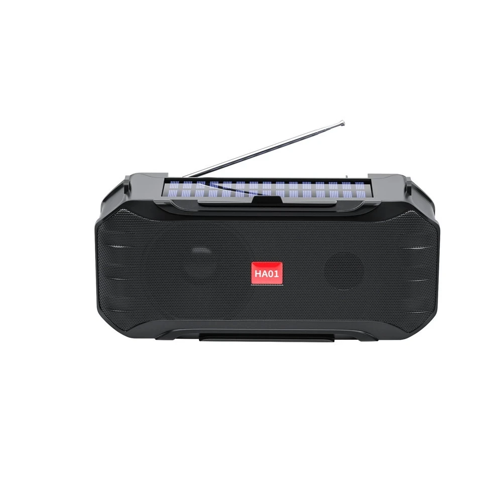 hot selling HA01 wireless speaker with solar charging outdoor portable with FM radio flash light torch tf card music play