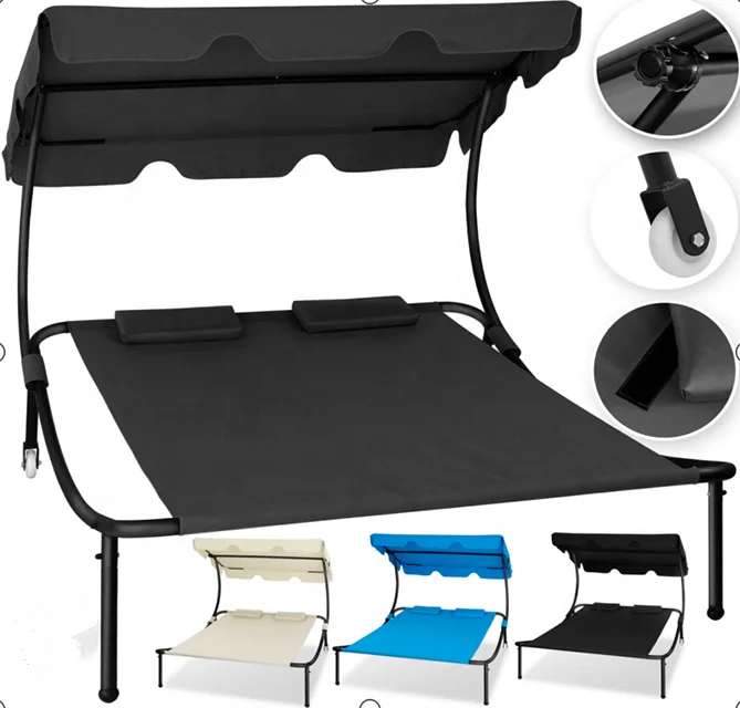 Double Sun Lounger with Sun Canopy, Two Neck Cushions & Wheels