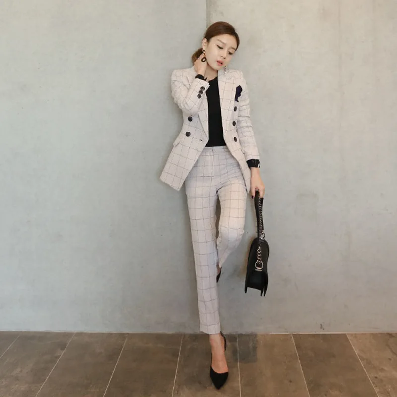 2020 INS Amazon Hot Sale Office Lady Suit Cotton Plaid Women Coat Pants 2pcs Set Spring Autumn Female Business Suit