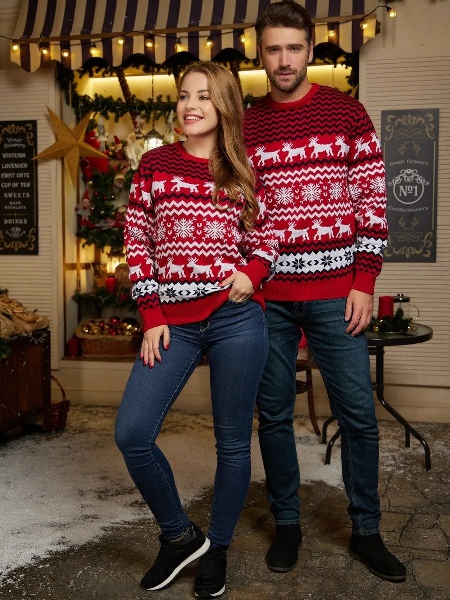 Wholesale couple clothing set sweater for men winter oversized pullover deer jacquard new year custom ugly christmas sweaters