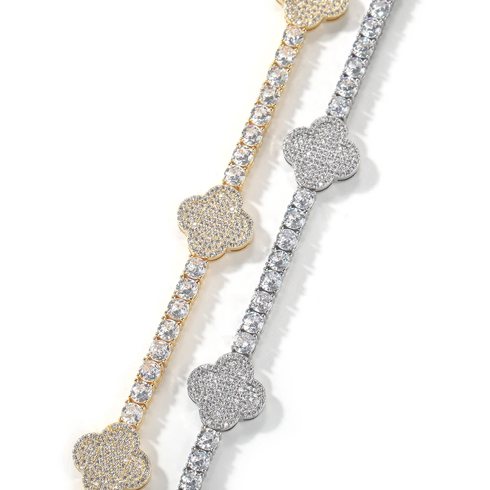 New arrivals fashion fine jewelry brass cubic zirconia platinum plated four leaf clover tennis bracelet