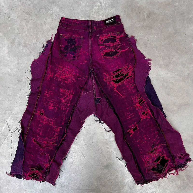 DiZNEW American retro original niche design sense erosion patchwork pleated loose straight pipe hip hop street dance men jeans