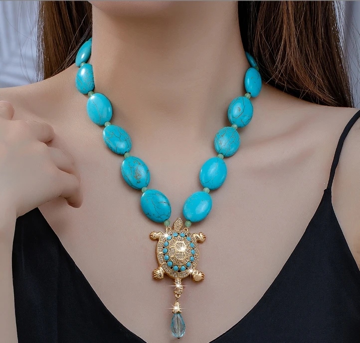 Wholesale European American Retro Vintage Luxury Daily Wear Sweater Heavy Engraved Anchor Turtle Turquoise Chain necklace
