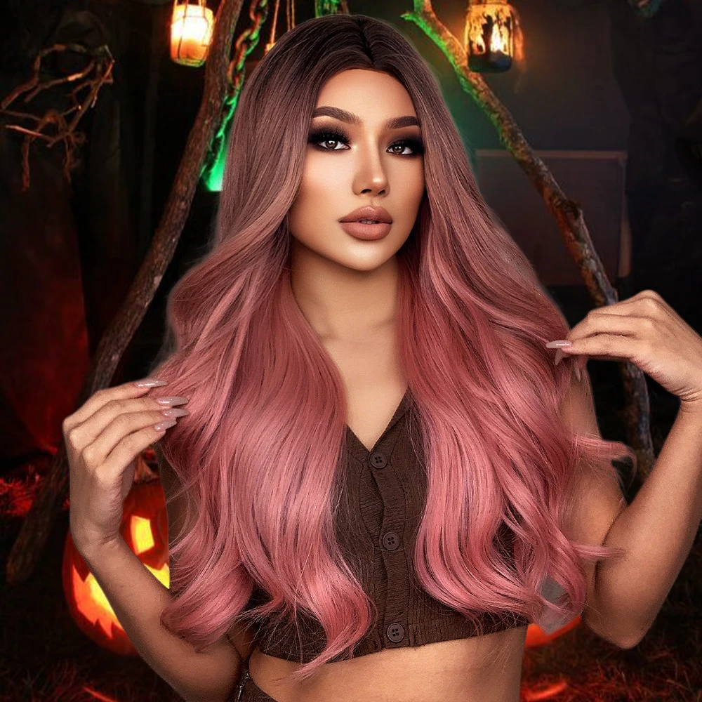 BVR Wholesale japanese fiber heat resistant Synthetic Wig Long ombre pink Body Wave Synthetic Hair Wigs for party