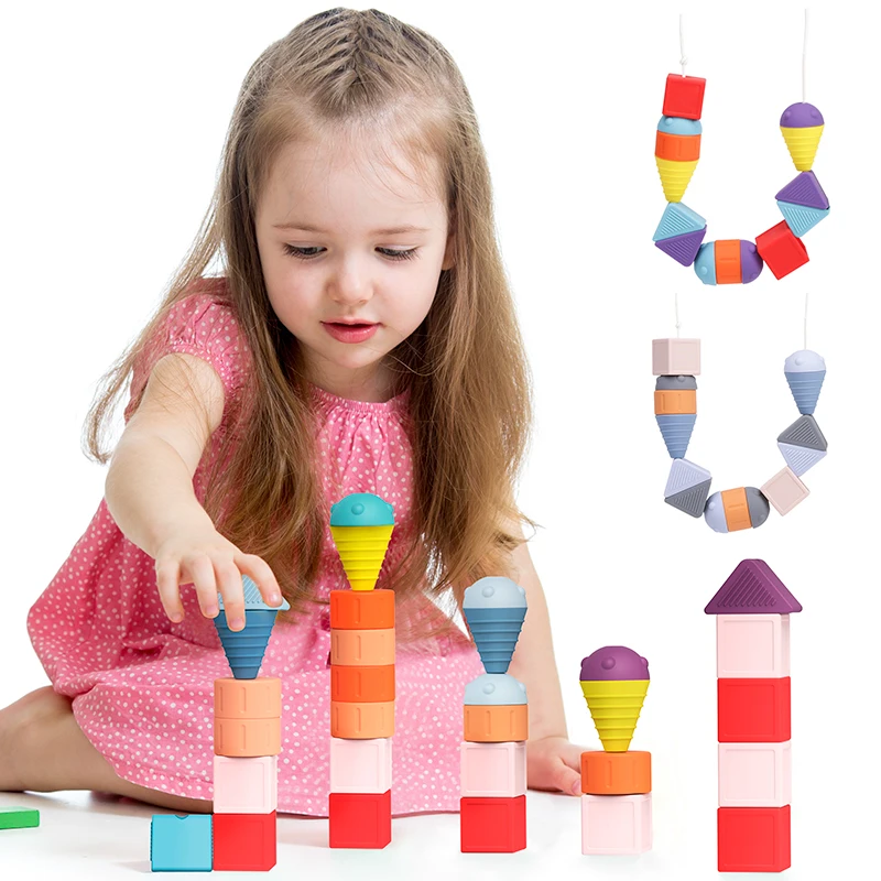 Building Ring Kid Educational Puzzle Stacking Tower Lacing Toy Baby Toys Silicone Sensory Toddler Montessori Toys For 2 Year Old