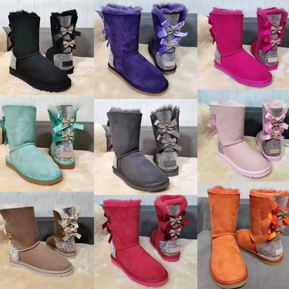 Wholesale fashion ladies sheepskin kids women winter snow ribbon fur boots with bows 2023 snow boots