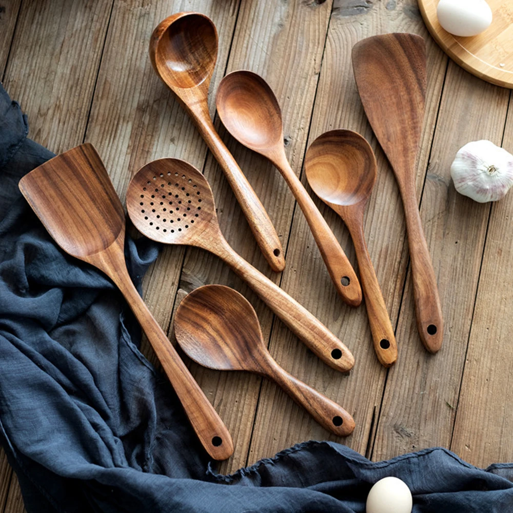 Nice Wooden Spoons Kitchen Cooking Nonstick Utensils Natural Long Bamboo Spatula Set