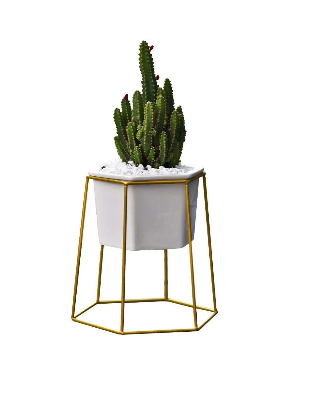 Amazon Hot Selling Modern Design White Flower Vases Ceramic Planter Pot with Metal Stand  Pot with Rack for Succulent Plants