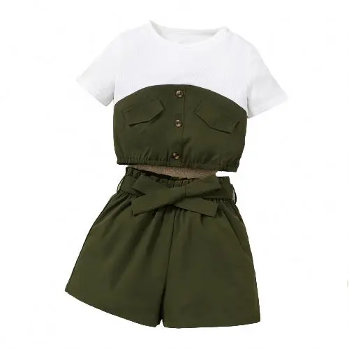 2025 New Summer Children Wear Military Green Short Sleeve Stitching T-shirt Top Solid Belt Shorts Two Pieces Girls Clothes Set