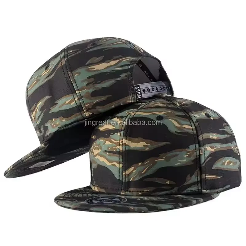 High Quality Custom 6 Panel Blank Snapback Camo Flat Bill Trucker Hat Cap Camouflage Tactical Hunter Jungle Black Tiger Camo Hat