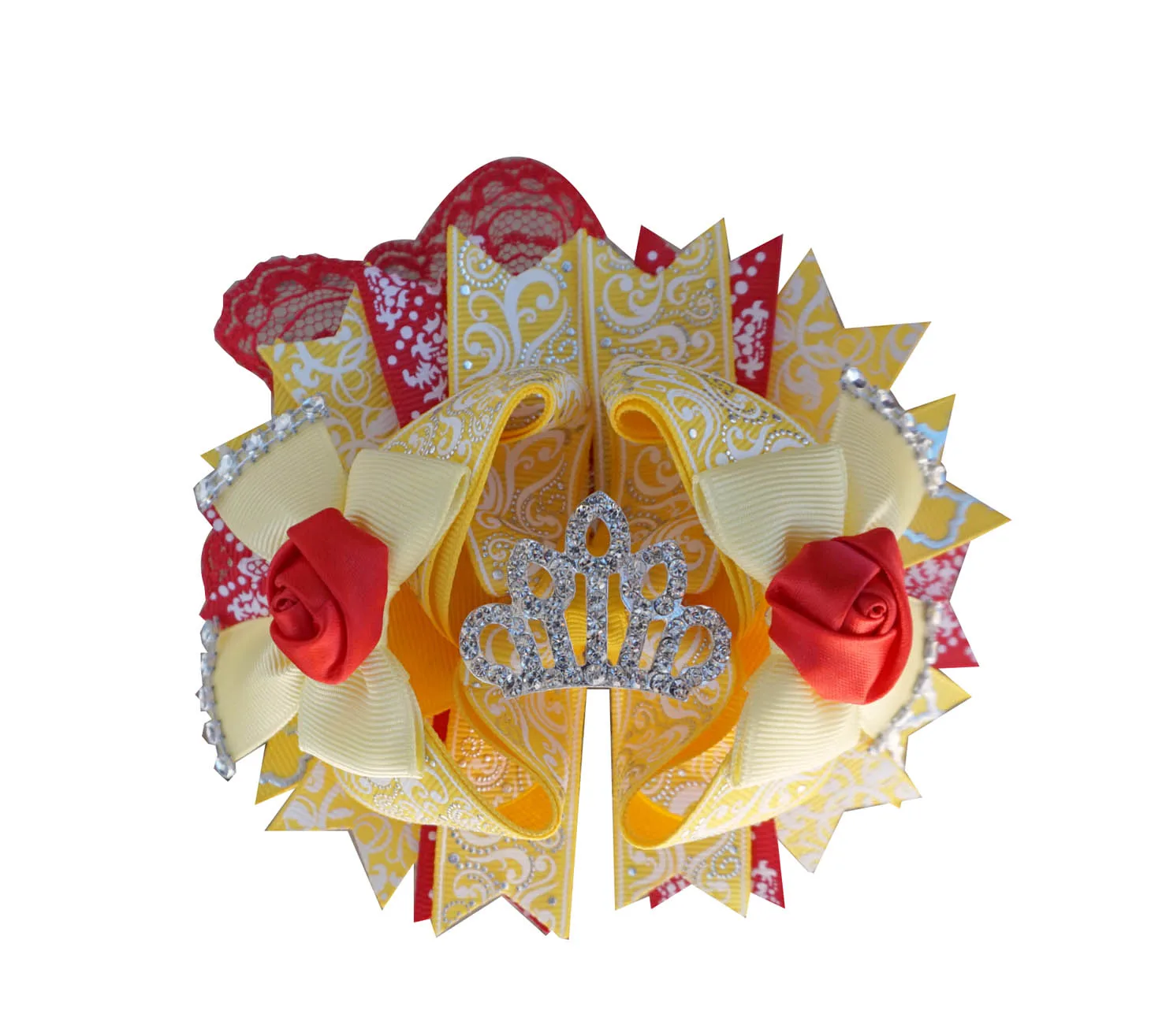 Princess Inspired Hair Bow clip yellow red Over the top  feather bow girl headbands customs hair accessories for toddle and girl