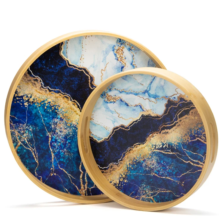 Custom Logo Wholesale Restaurant Stackable Round Wood Coffee Tea Platter Tray Set Table Decorations Food Wooden Serving Trays