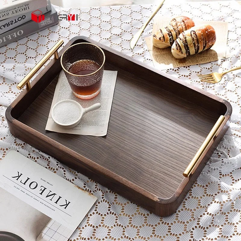 Set of 3 Walnut Wood Serving Tray with Handles Decorative Serving Trays Platter for Breakfast Appetizers BBQ, Coffee Table Party
