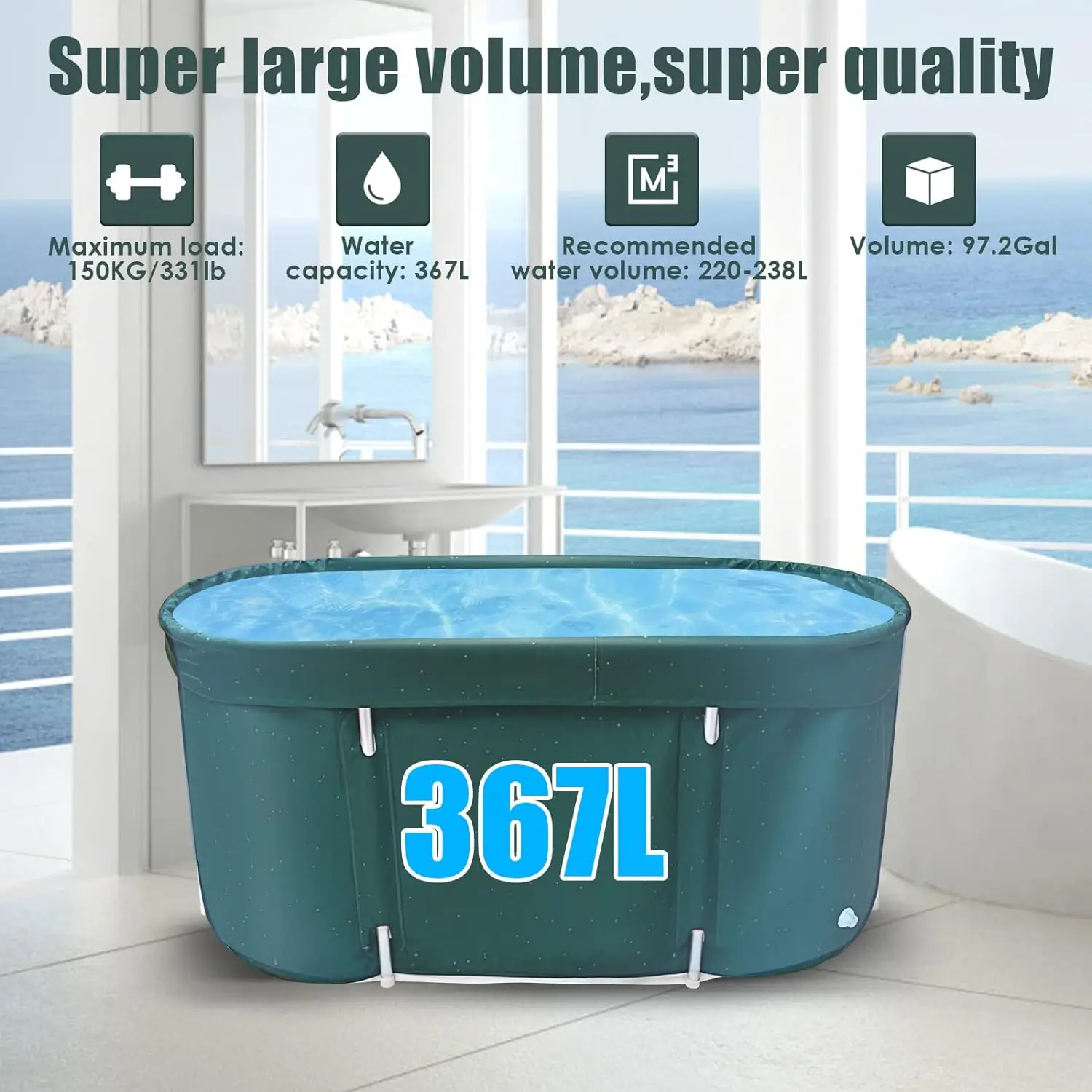 Portable Bathtub Foldable Tub for Adults Bath Tub with Backrest Suitable for Ice or Hot Bath