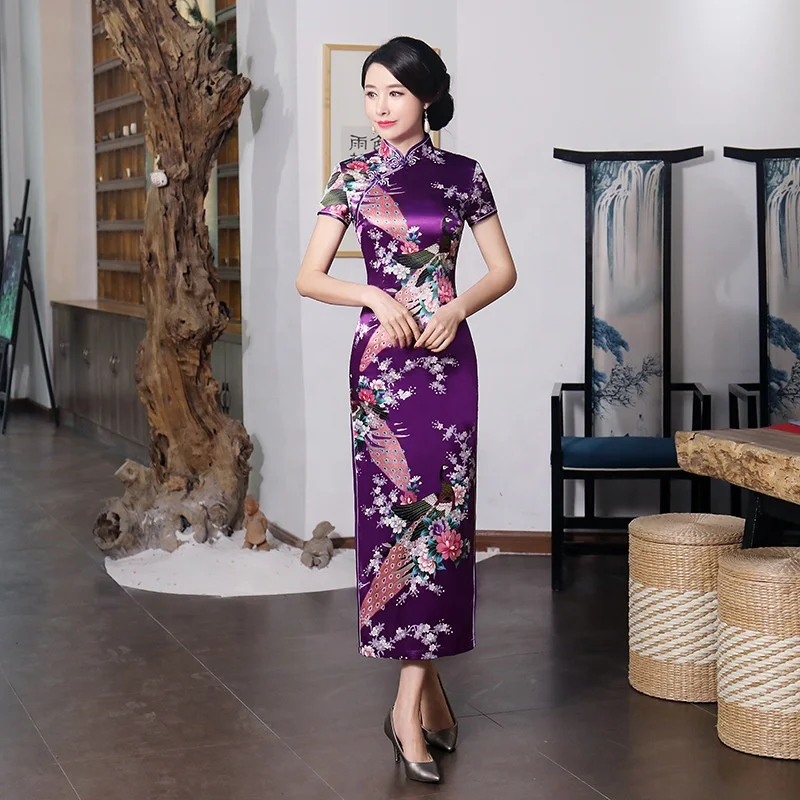 
wholesale Chinese silk Qipao newest sexy short sleeve cheongsam long luxury prom dress for women 