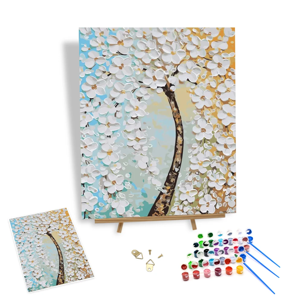 Оптовая продажа, Раскраска по номерам, белые цветы, цветущие на дереве, Настенный декор, абстрактная живопись по номерам для гостиной