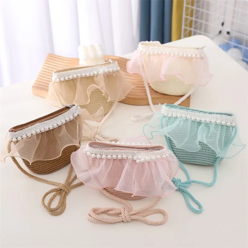 wide brim Summer children Beach Sun Hat baby Girl lace and pearl Bucket Straw Hat and bag set beautiful outdoor travel hat kids