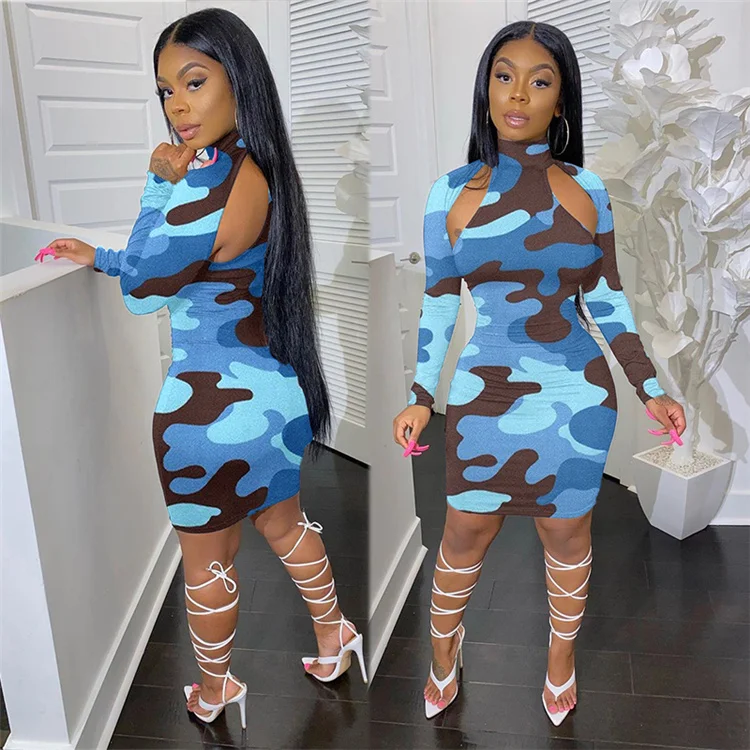 Best Design Long Sleeves Bodyson Camouflage Cool Outfits Woman Casual Short Mini Dress 2021 Women Dresses