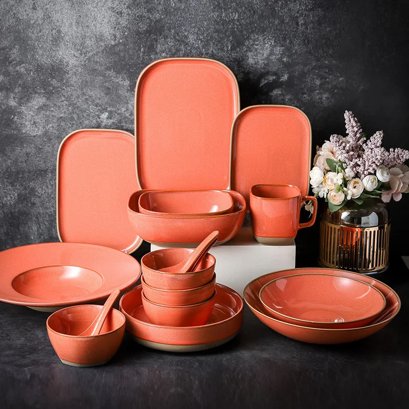 Restaurant Dinner Set Porcelain Crockery Handmade Pottery Platos Cup Stoneware Plate Bowl Durable Orange Color Ceramic Tableware