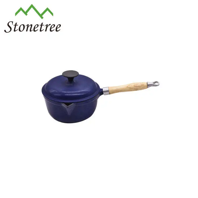 Orange Enamel Cast Iron Double Wall Whistling Milk Pot With Wooden Handle