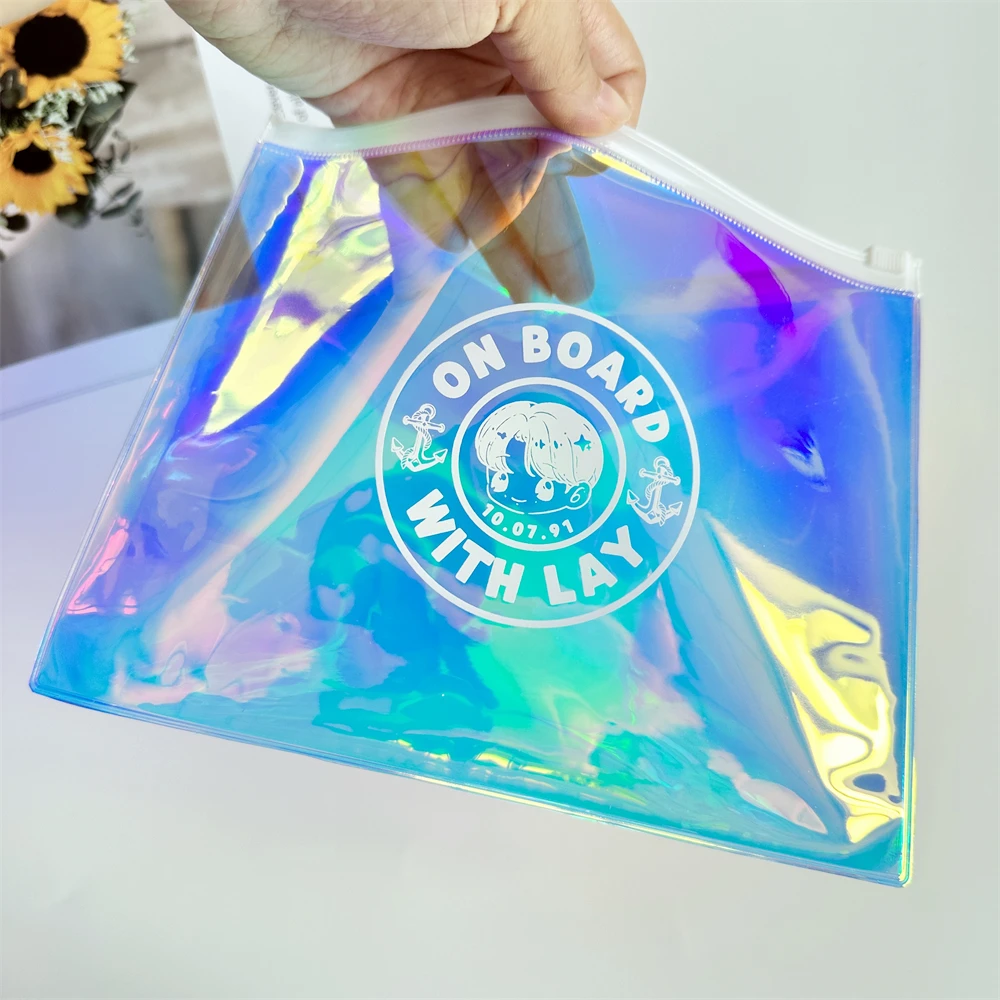 Trendy Custom Holographic Bga Pouch Cosmetic Iridescent Pvc Transparent Zipper Bag Print Laser Plastic Ziplock Packaging Bag