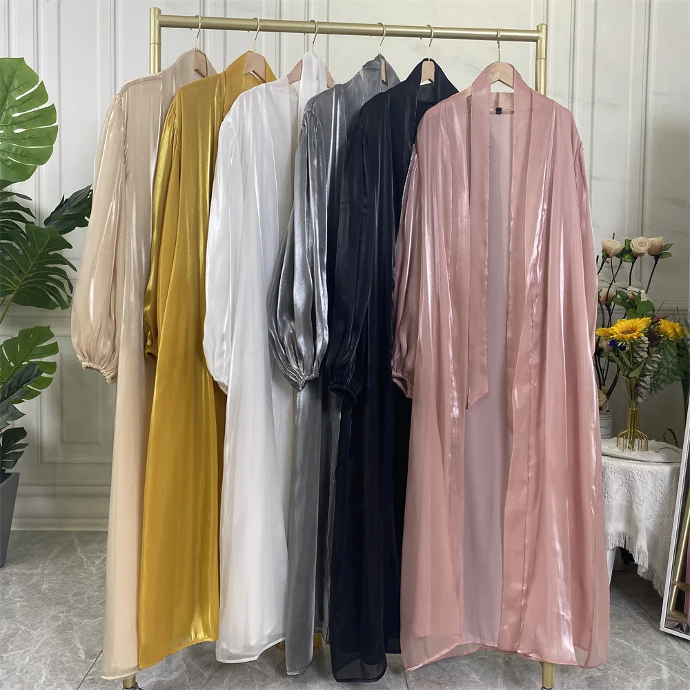 New Arrival Middle Muslim Dress Abaya  East Dubai Solid Color Dubai Dress Shiny Silk Solid Stretch Balloon Sleeve