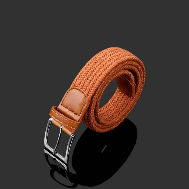 Unisex 34mm Wide Luxury Leisure Zinc Alloy Pin Buckle Wax Rope Stretch Woven Golf Belt Polyester Cotton Strap for Jeans Pants