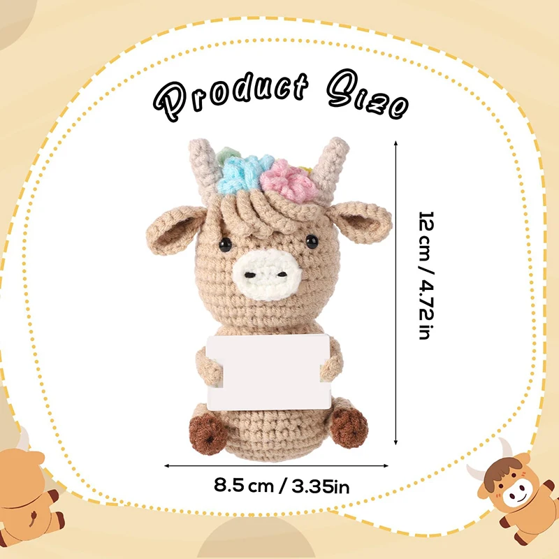 Knitted Positive Highland Cow Crochet Inspirational Knitted Doll with Positive Card Positive Cow Uplifting Knitted toy Gift