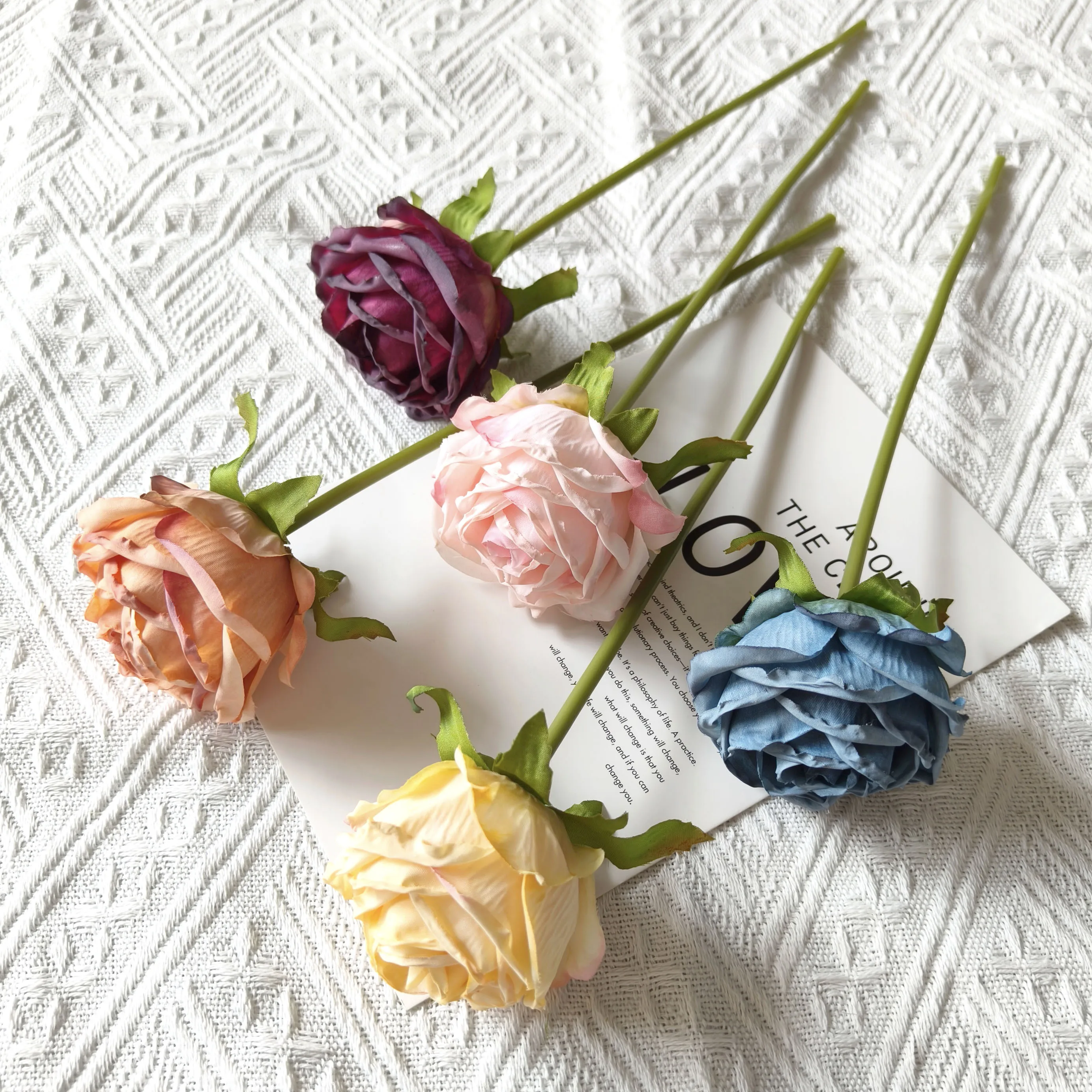 YIWAN wholesale cheap single burnt edge lychee rose High branch big rose silk flowers Artificial Flowers Handmade