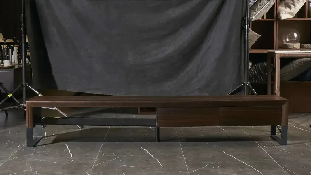 Modern Minimalist E1 Grade HDF with Eucalyptus Veneer Tempered Glass Carbon Steel Frame TV Cabinet for Living Room