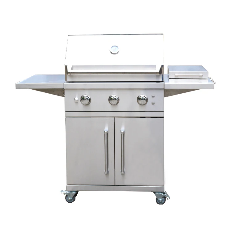 Barbecue Gas Grill High End Stainless Steel 3 Main Burners Stainless Steel Barbecue Grill Outdoor Trolley