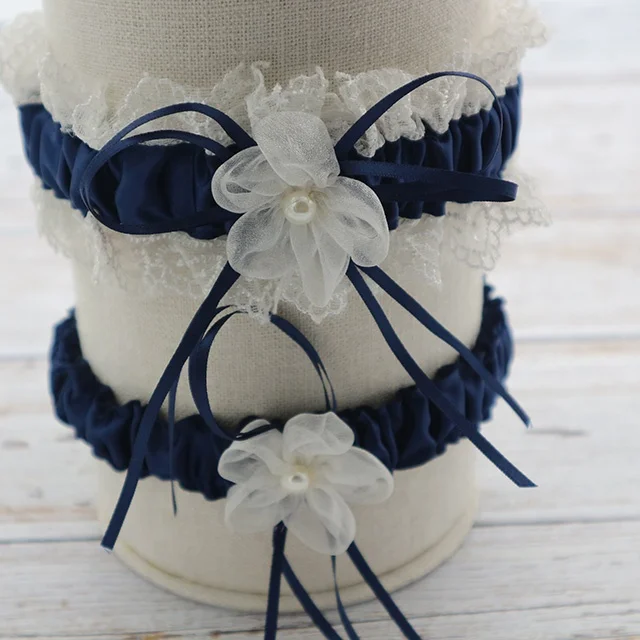 Navy Blue Ribbon Garter With Lace,Pearl Organza Lovely Flower Elastic Wedding Garter Set