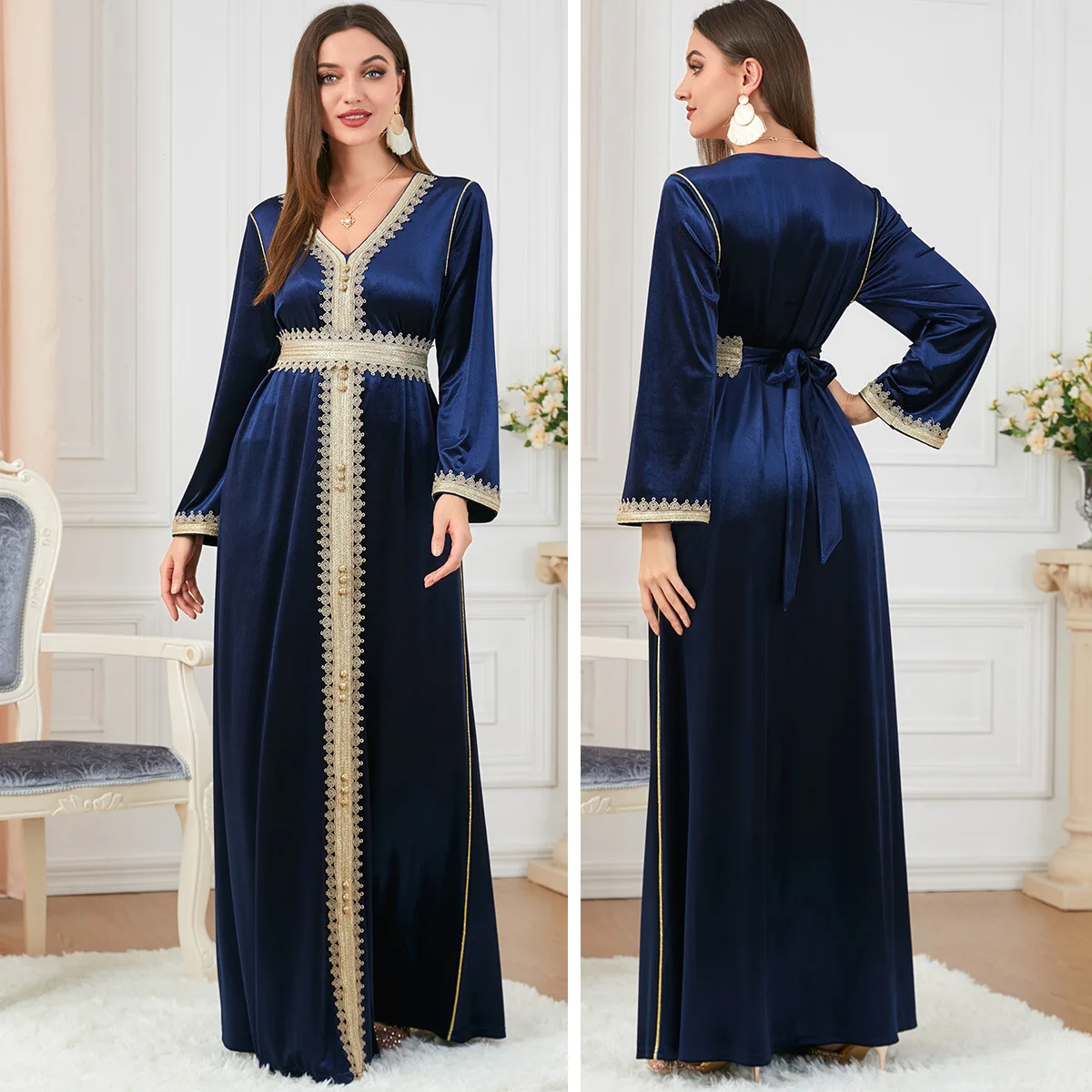 Hot Sell Women Elegant Deep V-neck Dress Gold Velvet Embroidery Muslim Dress Dubai Abaya Party Maxi Long Dress