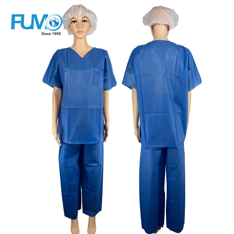 PP/SMS Patient gown suit Disposable scrub suits patient gown with V-collar or round collar