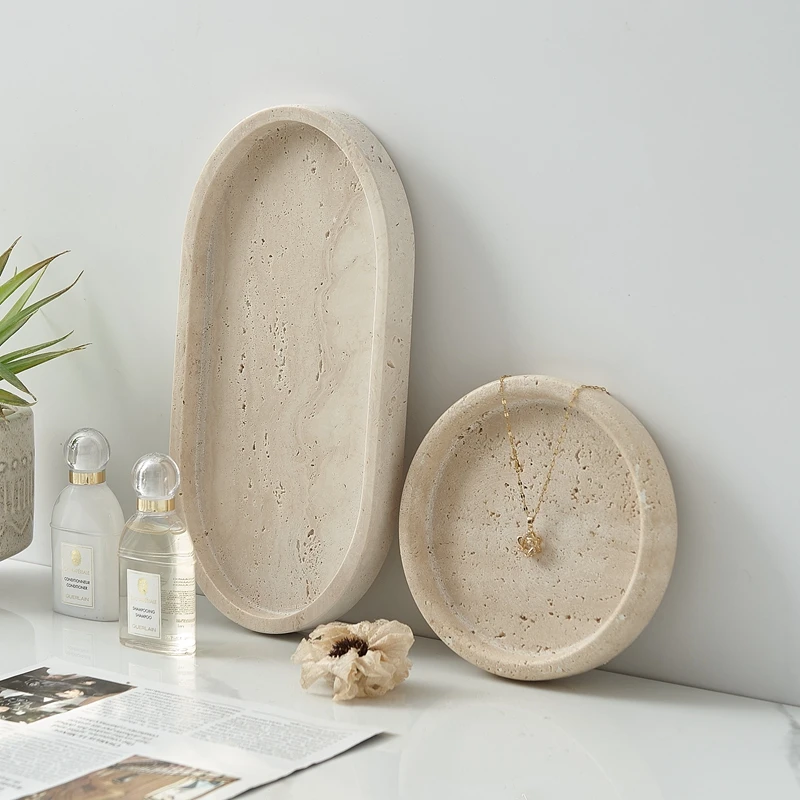 Natural Marble Stone Tray Travertine Beige Round Oval Jewellery Vanity Candles Decorative Storage Tray