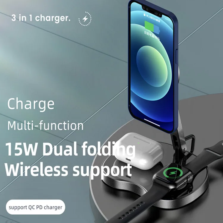 Складной 3 в 1 Беспроводное зарядное устройство для Iphone 12 Android Samsung Apple часы Airpods Pro настольная зарядная станция Быстрая
