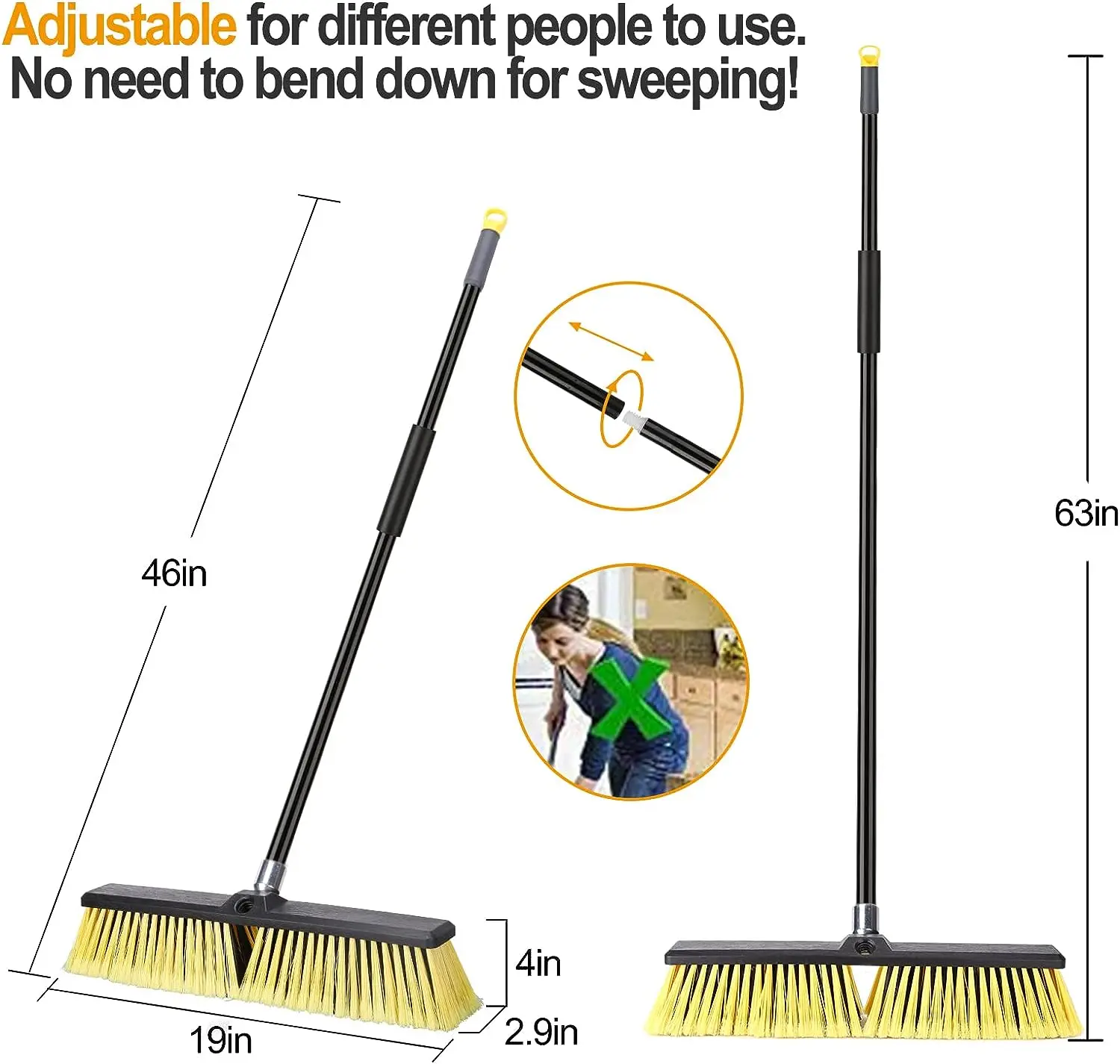 18 Inches Push Broom Outdoor- Heavy Duty Broom with  Long Handle for Deck Driveway Garage Yard Patio Concrete Floor Cleaning